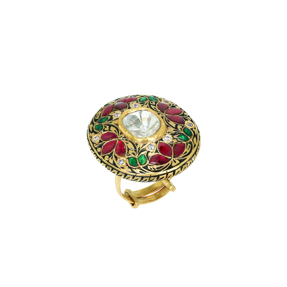 Polki Ring with Red and Green Talaf Floral Design
